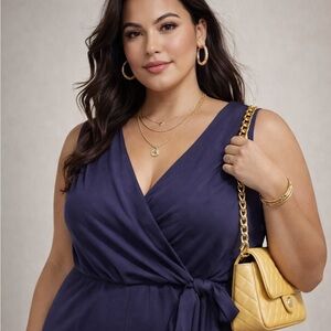 Nina Leonard Navy Blue Sleeveless Wrap Front Wide Leg Jumpsuit XL L7412A NEW